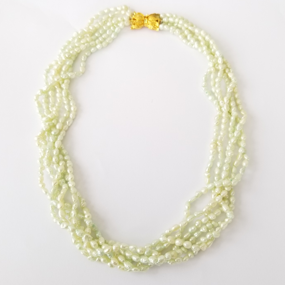 Vintage freshwater pearls necklace multistrand torsade pale green gold tone